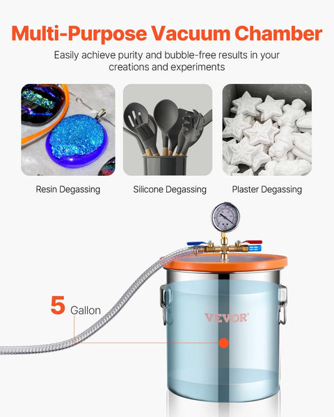 Front view of VEVOR 5-gallon stainless steel vacuum chamber with orange acrylic lid, gauge, and attached hose.