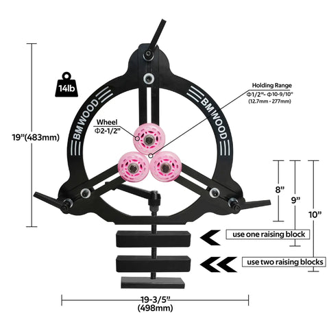 Heavy Duty Woodturning Steady Rest With Triple Rubber Rollers For 16 18 20 Inch Swing Lathes, features pink wheels and measurements.