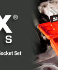 One Quarter Inch Drive Deep Magnetic Impact Socket Set 14 Piece Metric Cr Mo Alloy Steel in red storage case on engine