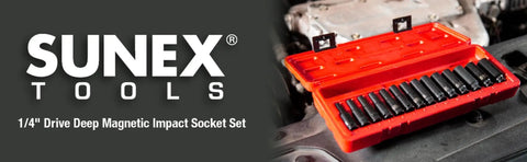 One Quarter Inch Drive Deep Magnetic Impact Socket Set 14 Piece Metric Cr Mo Alloy Steel in red storage case on engine
