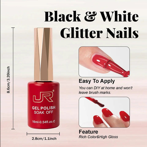 Six 16ml Gel Nail Polish Set With Milk White Pink Black 9D Cat Eye Glitter LED Soak Off Nail Kit showing red polish application
