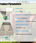 12V Front Mounted Stainless Steel ATV Broadcast Spreader For Tractors With 42.3 Gal Hopper on field with specs overlay