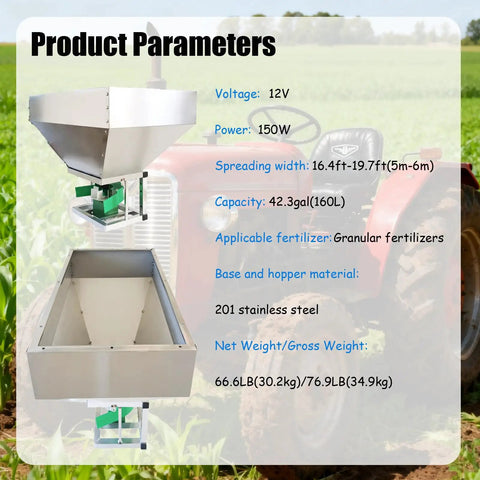 12V Front Mounted Stainless Steel ATV Broadcast Spreader For Tractors With 42.3 Gal Hopper on field with specs overlay