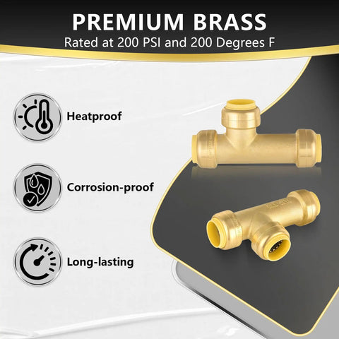 Image showing Pack Of 30 Three Quarter Inch Push Fit Slip Tee Fittings With Disconnect Clip For PEX Copper CPVC Pipes next to features heatproof, corrosion-proof, and long-lasting.