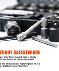 Close-up of tools from 42 Piece Bolt Extractor Kit With Left Hand Cobalt Drill Bits For Easy Out Removal, shown with storage case.