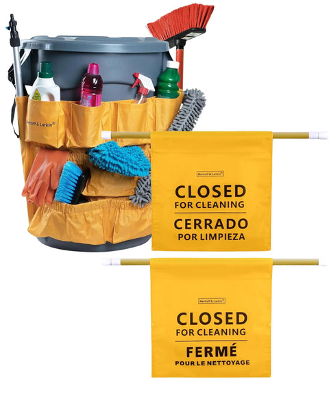 Pro Grade Janitorial Bundle With Heavy Duty Trash Can Caddy Bag And Expandable Closed For Cleaning Sign Durable Vinyl Organizer for custodians near 32 to 55 gallon cans, trilingual safety sign included.