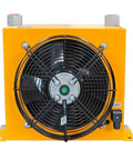 Front view of Beefed-Up Heavy Duty Hydraulic Aluminum Oil Cooler with 100 LPM Flow, 5.8KW Cooling Capacity, yellow casing, 220V PT.