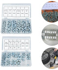 Premium Grease Fitting Kit with 260 Durable Galvanized Iron Nipples Plus M6 M8 M10 Straight 45 And 90 Degree Elbows For Heavy Machinery, Bearings, And Auto Repairs That Just Work Perfect. organizer box with mixed galvanized grease fittings, labeled compartments, and repair use