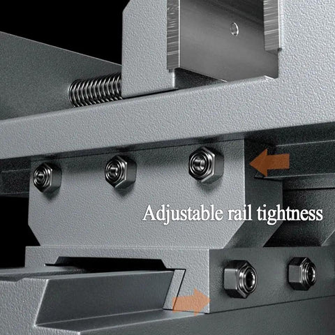 Close-up of adjustable rail tightness on Hardened Steel Two Way Cross Slide Vise With Precise Laser Readout And Chunky Powder Coated Cast Iron.