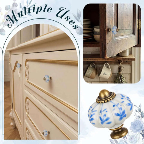 Cool Blue Pumpkin Ceramic Cabinet Knobs, 30 Pack With Mounting Screws shown on vintage cabinet and close-up view