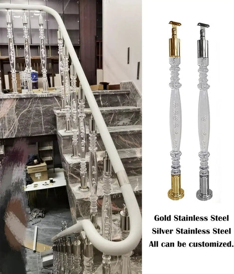 Acrylic Staircase Spindles Bundle With Killer Clear Bubble Design And Top Shelf Steel Hardware For Super Easy Indoor Outdoor Railing Install Includes Twenty Pieces And All Necessary Parts displayed on a staircase with sleek stainless steel accents.