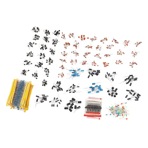 No Sweat Electronics Tinkerer Kit 1400 Piece Beginner Starter Pack with assorted resistors, capacitors, diodes, and transistors.