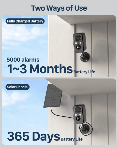 Solar Panel Powered WiFi Outdoor Security Camera Kit With 2K Resolution, Battery Powered Surveillance System, installed on wall