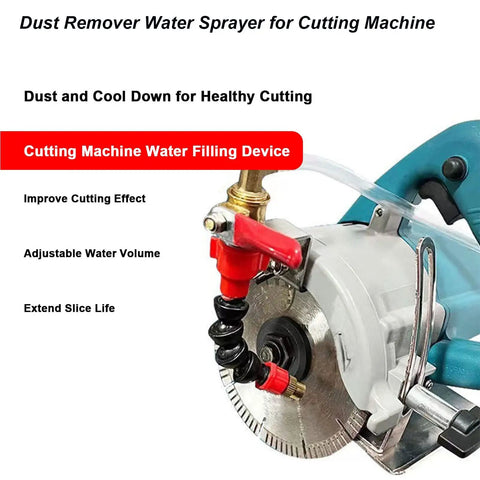 Top Notch Industrial Dust Control Water Sprayer Kit For Tile Cutting Machines With Slick Mist Nozzle Heavy Duty Pump And Five Meter Hose attached to cutting machine for effective dust suppression.