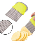 Two crinkle cutter knives with stainless steel comb blades and yellow handles, shown in front and side views for crinkle-cut fries