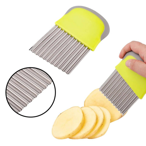 Two crinkle cutter knives with stainless steel comb blades and yellow handles, shown in front and side views for crinkle-cut fries