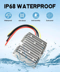 Heavy Duty DC Buck Converter Steps 72 Down To 24 Volt With Straight Swap Install And Built Like A Tank Aluminum Shell IP67 Waterproof Max 20 Amps For EV Trucks Solar Systems in water with wires.