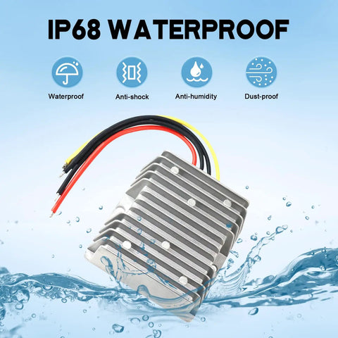 Heavy Duty DC Buck Converter Steps 72 Down To 24 Volt With Straight Swap Install And Built Like A Tank Aluminum Shell IP67 Waterproof Max 20 Amps For EV Trucks Solar Systems in water with wires.
