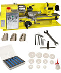 Heavy Duty 7 X 14 Precision Benchtop Mini Milling Lathe With Smooth Variable Speed Up To 2500 RPM And Digital Readout Plus Five Piece Carbide Cutter Kit, tools and accessories included.