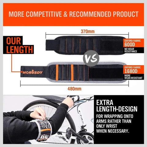 Comparison of two magnetic wristbands showing material and length, highlighting the 480mm strap wrapped on arm near bike.