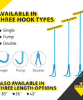 Handy Hook Lifting Tool Set With 30 Inch Double Hooks Three Eighths Inch Steel 2 Pack, showing three hook types and sizes