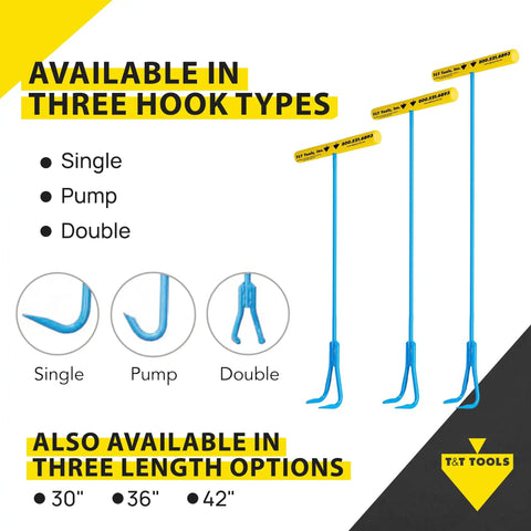 Handy Hook Lifting Tool Set With 30 Inch Double Hooks Three Eighths Inch Steel 2 Pack, showing three hook types and sizes