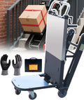 Heavy Duty Electric Stair Climbing Dolly With Brushless Motor And Removable Battery For Moving Furniture And Warehouse Gear Featuring Anti Slip Tracks And Foldable Design To Roll Up Stairs With Zero Sweat, includes gloves and carrying case.