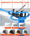 Detail of VEVOR Manual Pipe Bender With 14 Dies showing various pipe types: flat, steel, copper, aluminum, and iron.