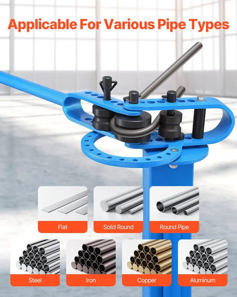 Detail of VEVOR Manual Pipe Bender With 14 Dies showing various pipe types: flat, steel, copper, aluminum, and iron.