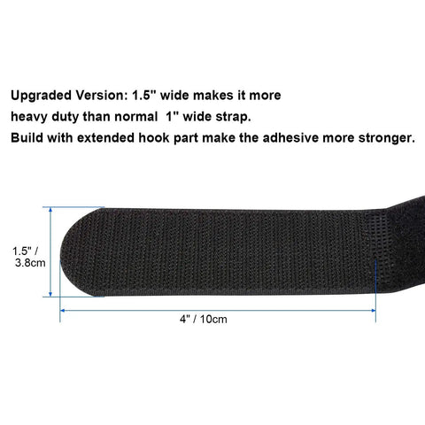 Heavy Duty 1.5 x 24 Inch Hook And Loop Cable Ties 12 Pack close-up of black strap with measurements showing width and length