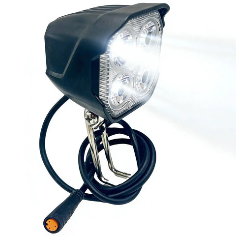 High Visibility E Bike Horn Front Light With 3 Pin Connector And Built In Horn Super Bright Night Riding Headlight For 36V And 48V Mountain Bicycles Folding E Bike Front Light showing 4 LEDs and connector