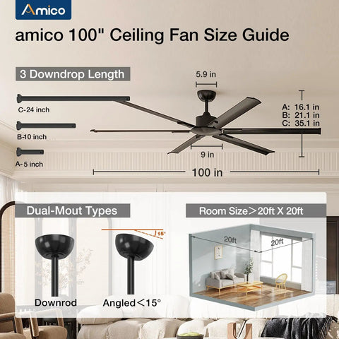 Diagram of 100 Inch Ceiling Fan Without Lights With Remote Control For Indoor Outdoor Use, dual mount options and room size guide.