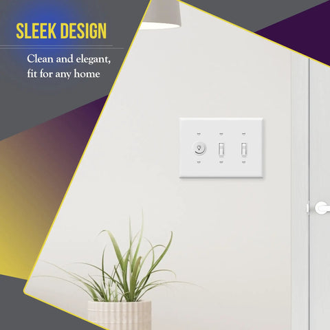Toggle Light Switch Wall Plate Gloss Finish 3 Gang 4.88 X 6.77 Inches Mid Size Tough As Nails Polycarbonate Thermoplastic UL Listed White 8813M W Built To Last Heavy Duty Design For High Traffic Homes And Offices installed on a white wall in a modern room.