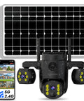 Triple Lens Outdoor Wireless Security Camera Bringing Serious Eyes On Your Property with solar panel and phone app display.