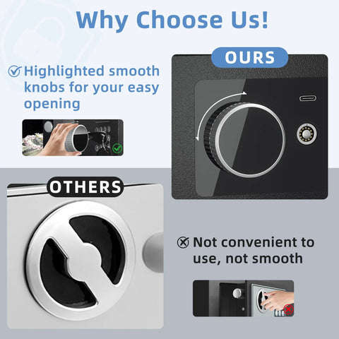 Comparison of knob designs for Built Tough Digital Money Safe With Keypad Lock Box, highlighting smooth vs. non-smooth operation.