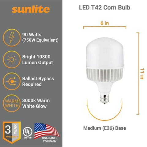 Led T42 Mega Bright High Lumen Corn Light Bulb 90W 750W Equivalent 10800 Lumen Mogul E39 Base 120 277V Non Dimmable
