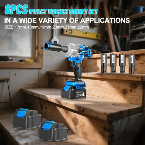 Beefy 1/2 Inch Cordless Impact Wrench With 450 Ft Lbs Torque, shown with 4 sockets and 4.0Ah battery in a garage setting