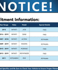 Fitment information table for Infiniti and Mitsubishi models with special details for various year ranges.