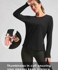 Women's UV Protection Sun Shirt With UPF 50+ featuring thumbholes, black, size M, lightweight, long sleeve, for outdoor workouts.