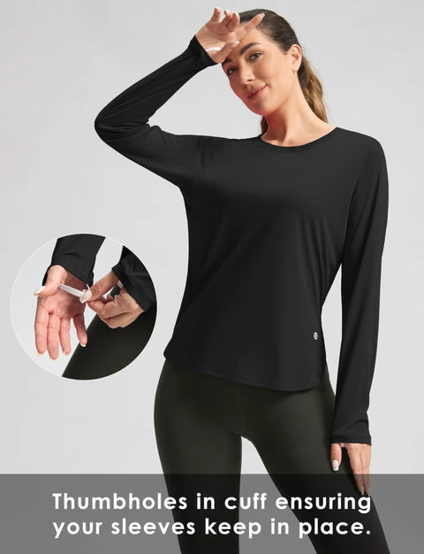Women's UV Protection Sun Shirt With UPF 50+ featuring thumbholes, black, size M, lightweight, long sleeve, for outdoor workouts.