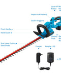 Cordless Hedge Trimmer With 22 Inch Dual Action Blades 20V 4Ah Battery Included, showing parts and charger.