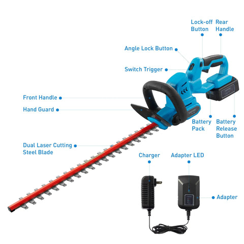 Cordless Hedge Trimmer With 22 Inch Dual Action Blades 20V 4Ah Battery Included, showing parts and charger.