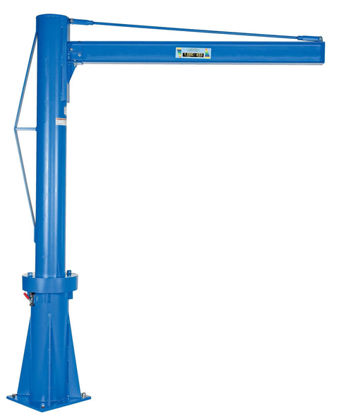 Rock Solid Transportable Jib Crane Featuring Smooth Friction Brake Design Flows Between Workstations While Crushing 1000 Pounds Without A Sweat For Your Busy Warehouse Floor And Industrial Job Sites, portable blue crane with sturdy base.