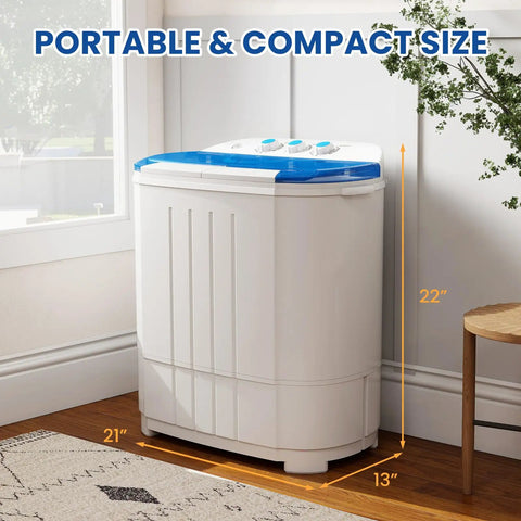 Compact Portable Washing Machine Mini Washer And Spin Dryer Combo 14 Lbs shown in room, emphasizing its portable and compact size.