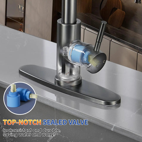 SOEBIZ Grey Kitchen Faucets with Pull Down Sprayer close-up of sealed valve on premium faucet design, highlighting durability.
