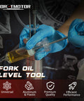 DIY fork oil level tool from Motorcycle Fork Service Tool Kit Set C, featuring oil measurement in aluminum and plastic syringe.