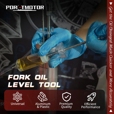 DIY fork oil level tool from Motorcycle Fork Service Tool Kit Set C, featuring oil measurement in aluminum and plastic syringe.