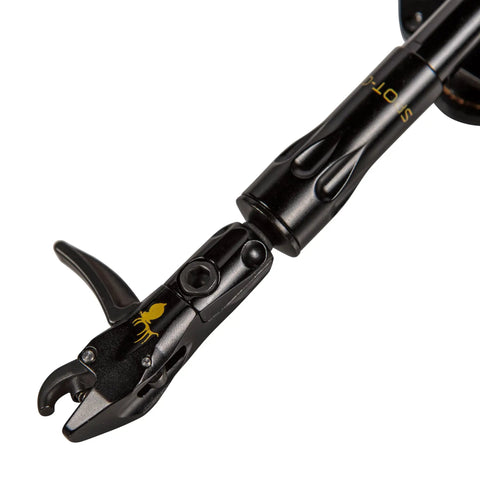 Close-up of 360 Degree Archery Release With Rotating Head Torque Free Precision Swiveling Arm in black finish.