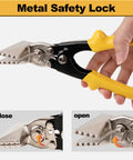 Front view of a 3-inch sheet metal hand seamer with yellow TPR handles and serrated straight jaws.