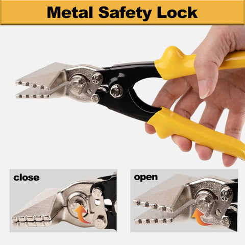 Front view of a 3-inch sheet metal hand seamer with yellow TPR handles and serrated straight jaws.